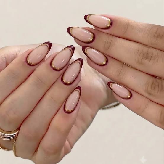 Medium Almond Sheer Nude Thin Dark Brown Tip Gold Line — Simple Brown French Tip Nails