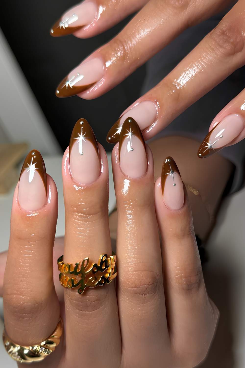 Long Almond Sheer Pink Deep Brown French Tips Silver Stars — Simple Brown French Tip Nails