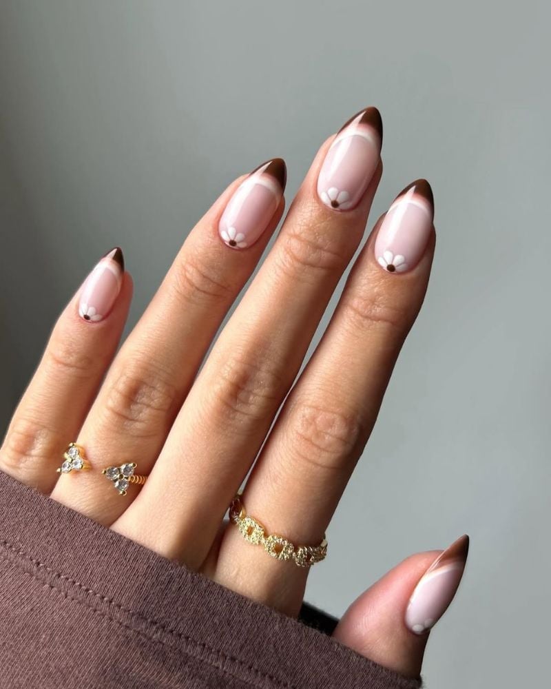 Medium Stiletto Sheer Pink Brown French Tips White Flowers — Simple Brown French Tip Nails