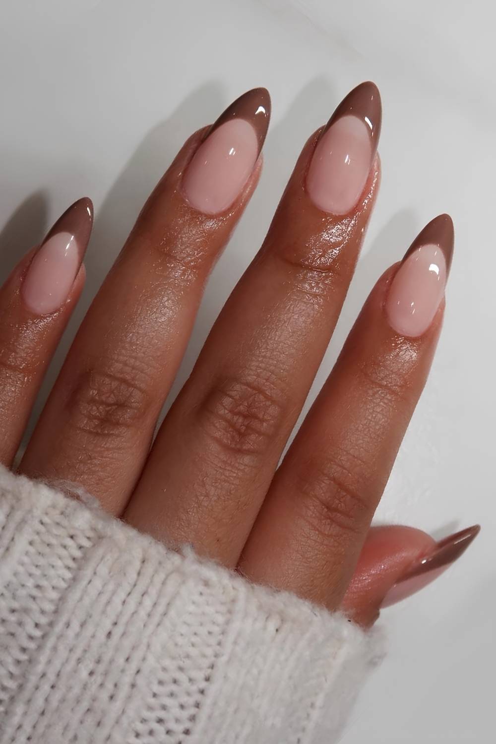 Medium Almond Glossy Dark Brown French Tips — Simple Brown French Tip Nails