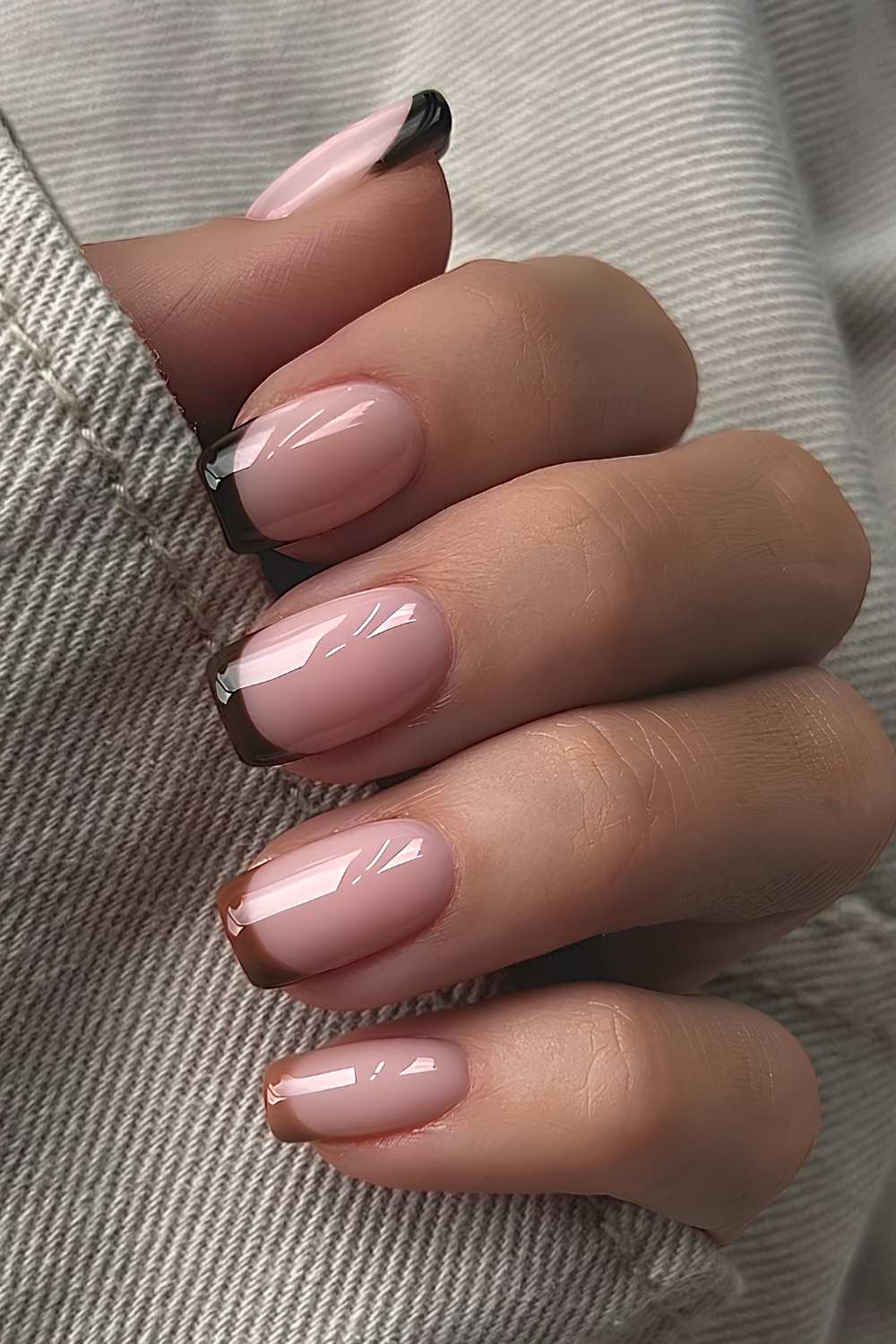Medium Soft Square Pink Nude Brown French — Simple Brown French Tip Nails