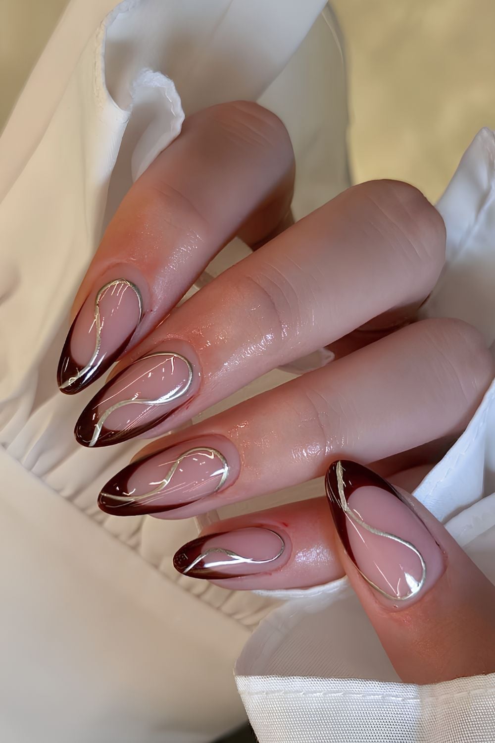 Long Stiletto Almond Nude Brown French Silver Spirals — Simple Brown French Tip Nails