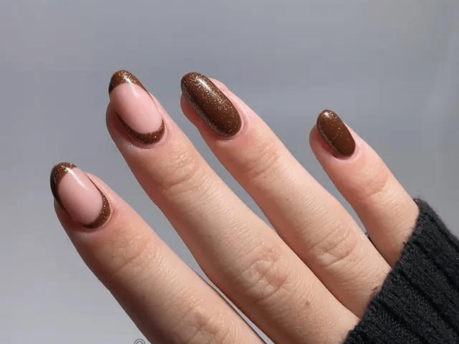 Medium Almond Sheer Nude Shimmer Brown French Tips, Softer Variation — Simple Brown French Tip Nails