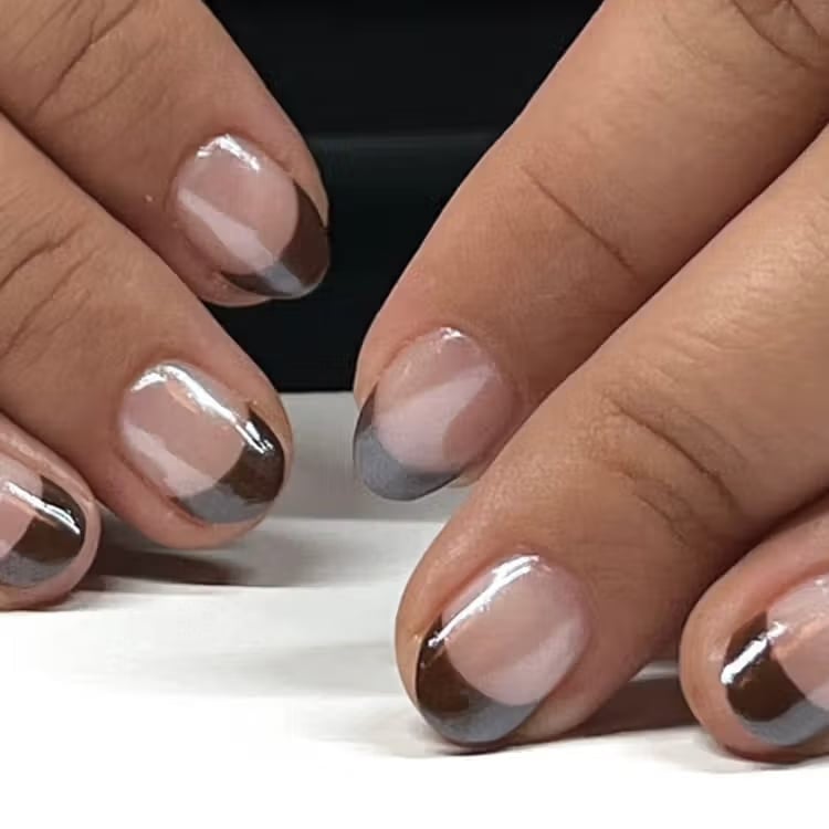 Short Oval Sheer Base Abstract Brown Gray Tips — Simple Brown French Tip Nails