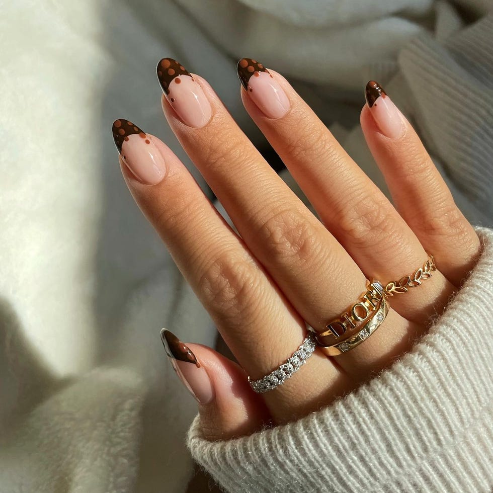 Short Almond Brown Dots On French Tips — Simple Brown French Tip Nails