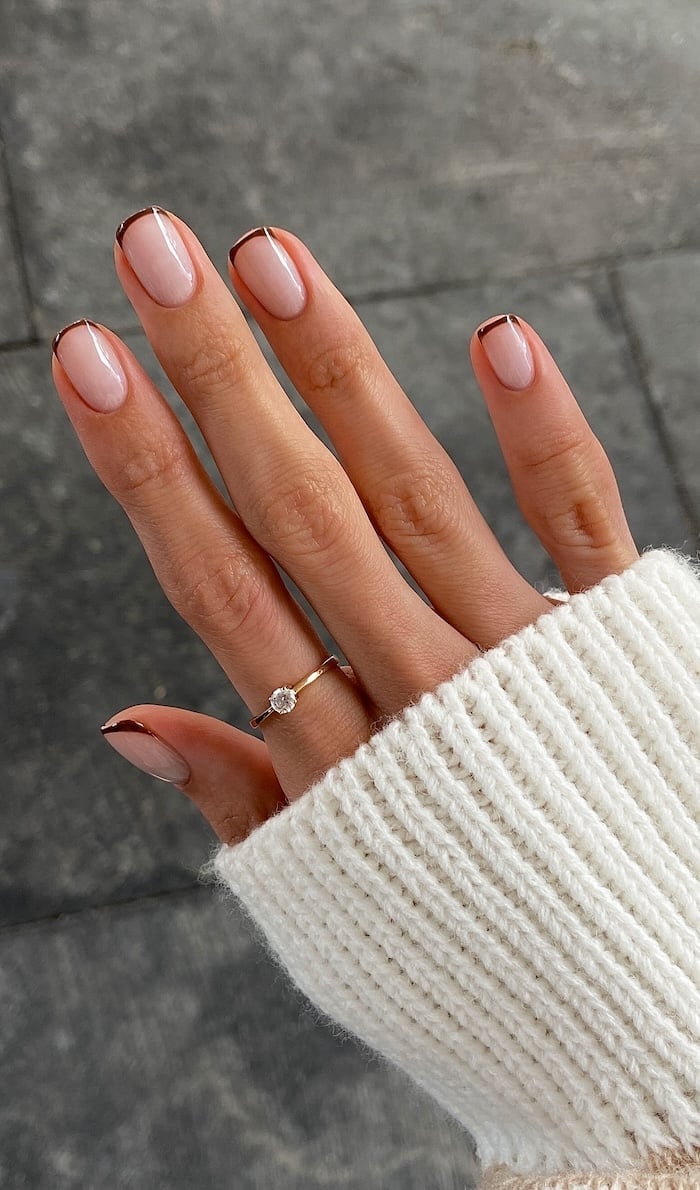 Short Almond Sheer Nude Medium Brown Line, Close-Up Take — Simple Brown French Tip Nails