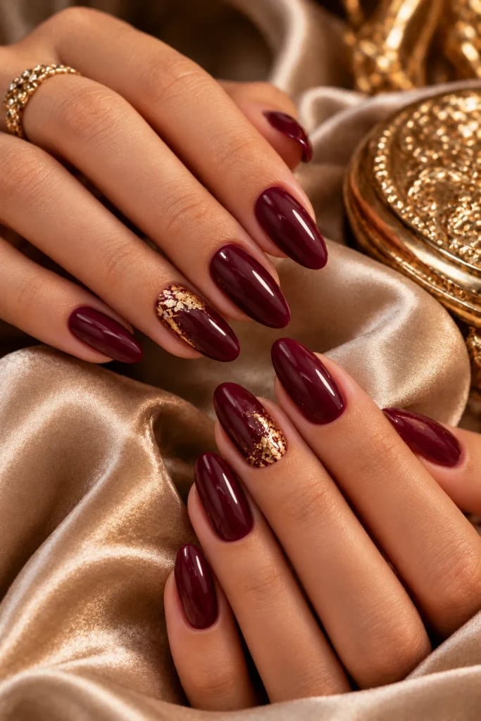 Burgundy Gold Foil Accent Medium Oval Nails Burgundy Gold Foil Accent Medium Oval Nails — Simple Burgundy Nails Design