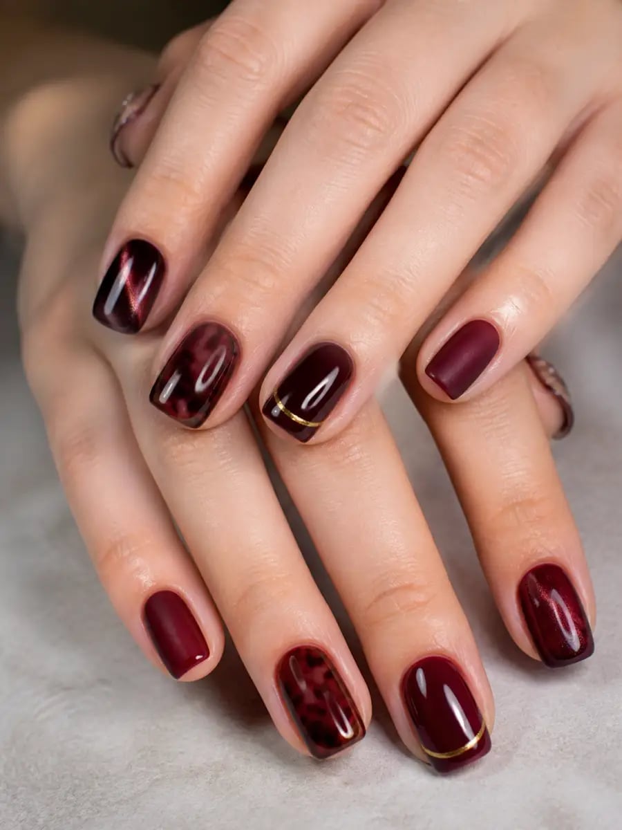 Burgundy Cat Eye Tortoise Shell Short Square Nails Burgundy Cat Eye Tortoise Shell Short Square Nails — Simple Burgundy Nails Design