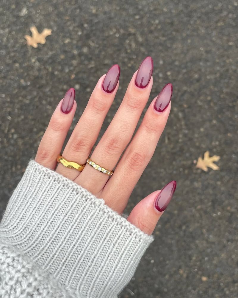 Burgundy Outline Sheer Nude Almond Nails Burgundy Outline Sheer Nude Almond Nails — Simple Burgundy Nails Design