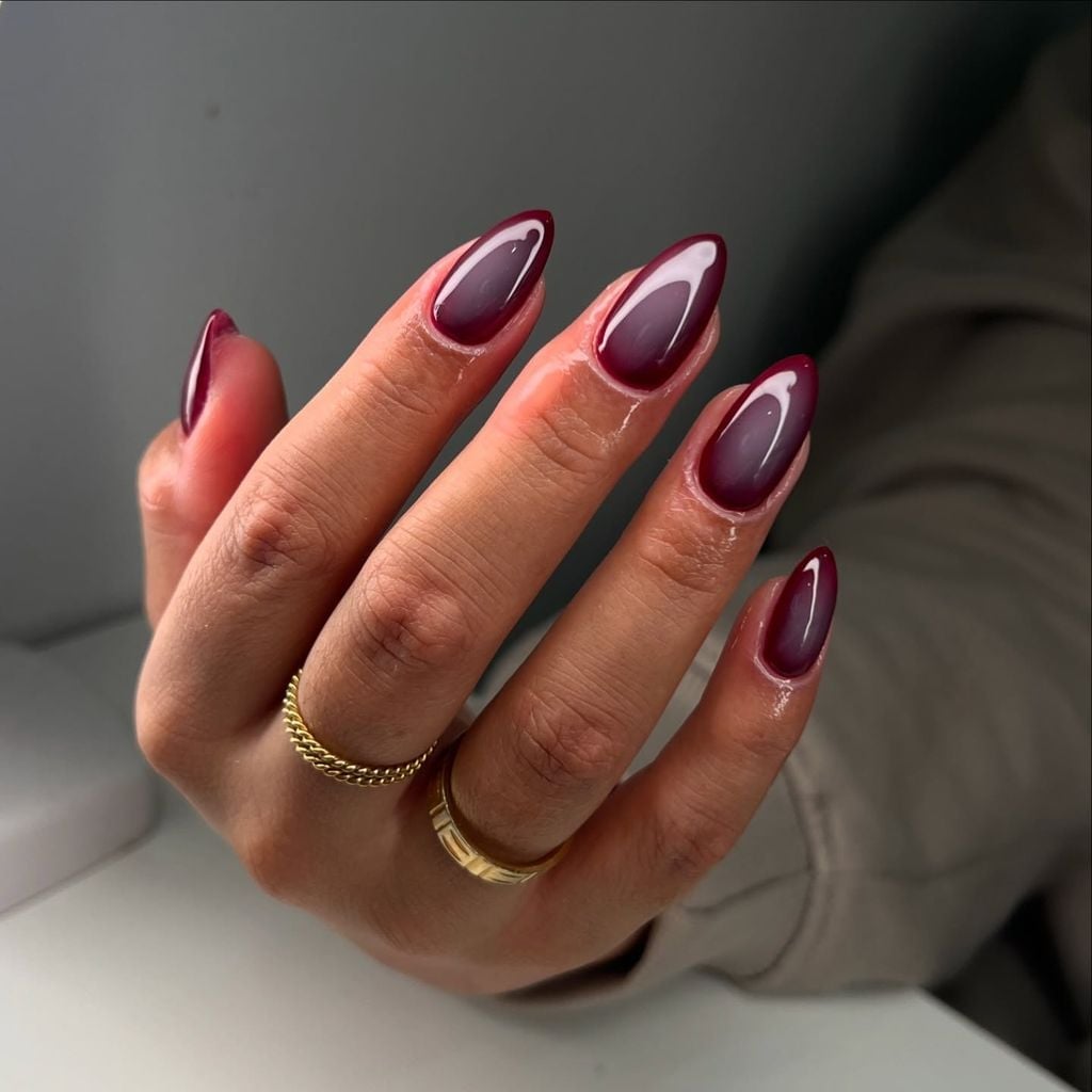 Burgundy Ombre Sheer Pink Almond Nails Burgundy Ombre Sheer Pink Almond Nails — Simple Burgundy Nails Design