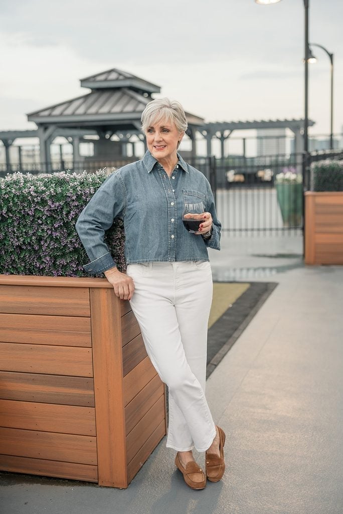 Cropped Denim Shirt with Straight-Leg Trousers — Simple Button Down Outfits