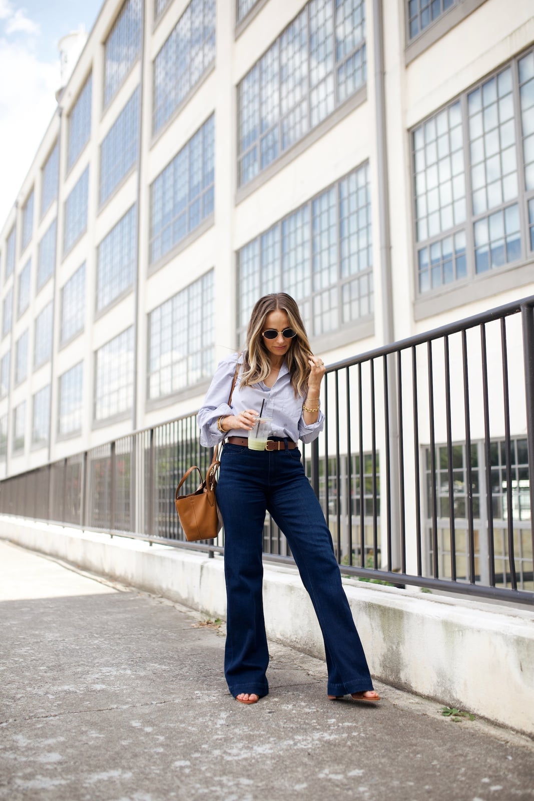 Striped Shirt with Dark Wash Wide-Leg Jeans — Simple Button Down Outfits