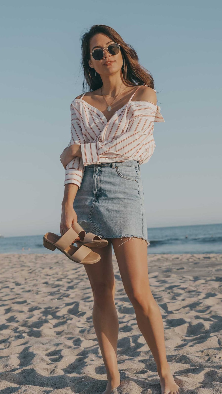 Off-shoulder Striped Shirt with Denim Skirt — Simple Button Down Outfits