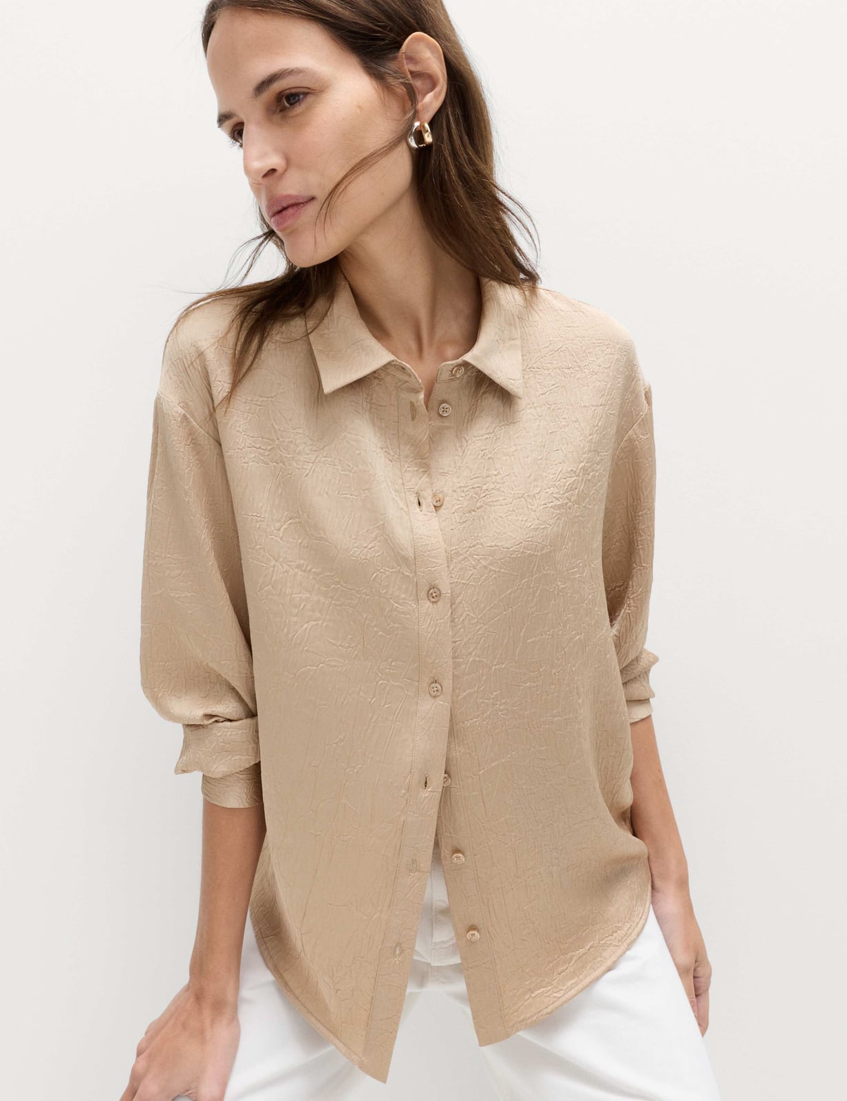 Textured Beige Shirt with White Trousers — Simple Button Down Outfits