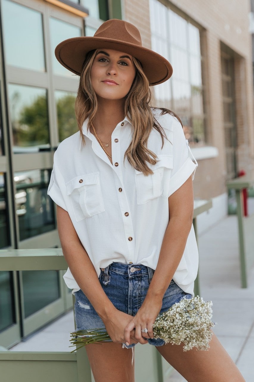 White Shirt with Denim Shorts and Fedora, Close-Up Take — Simple Button Down Outfits