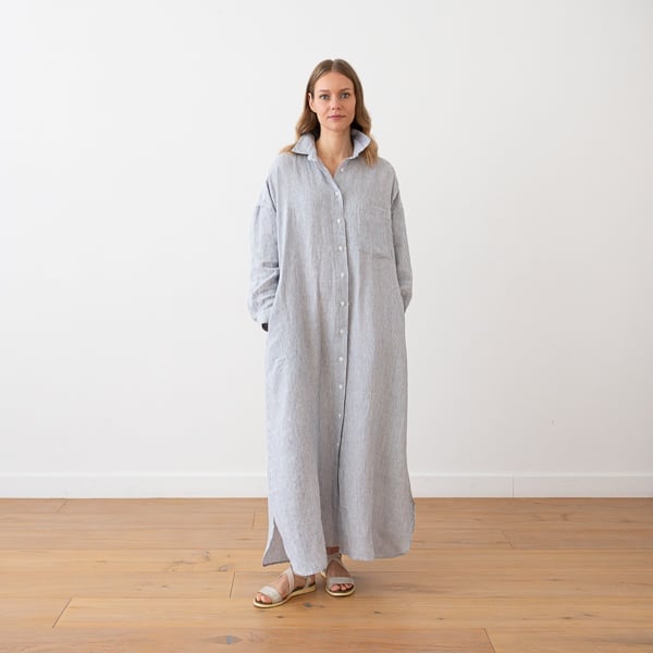 Striped Linen Maxi Shirt Dress, An Adult Woman Wears A Long — Simple Button Down Outfits