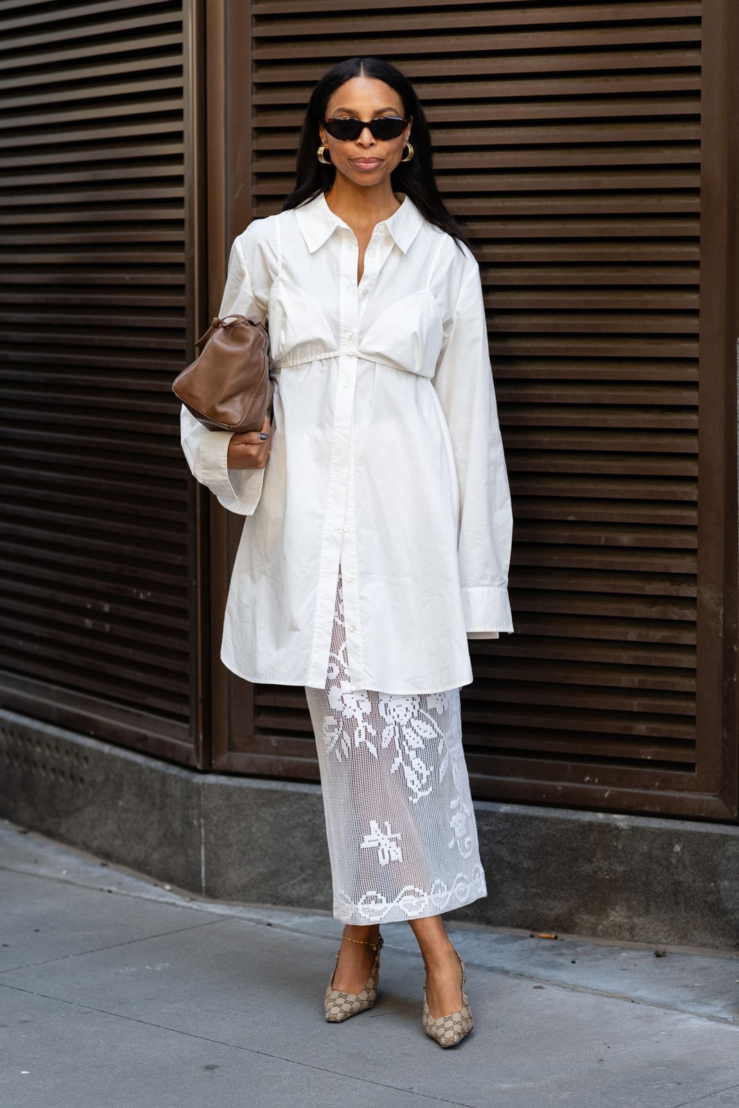 White Shirt Dress Over Lace Skirt, Close-Up Take — Simple Button Down Outfits