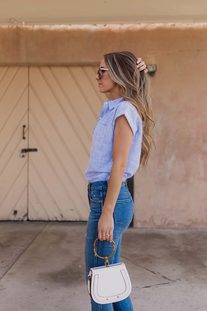 Striped Short-Sleeve Shirt with Straight Jeans — Simple Button Down Outfits
