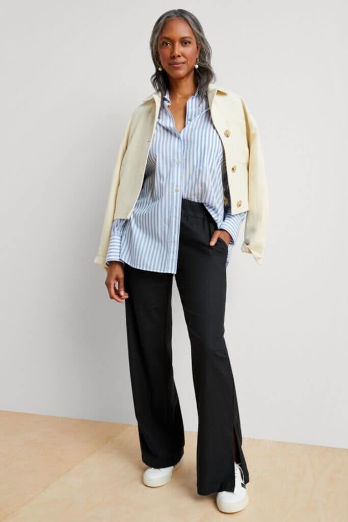 Striped Shirt with Cream Jacket and Black Pants — Simple Button Down Outfits