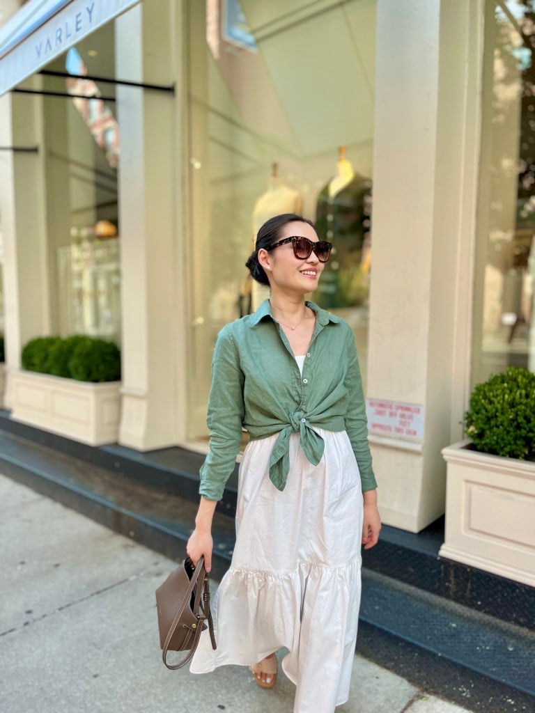 Green Knotted Shirt with Tiered Maxi Skirt — Simple Button Down Outfits