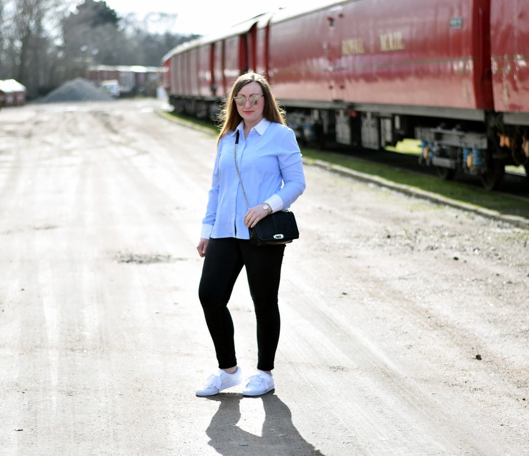 Fitted Blue Shirt with Black Skinny Jeans — Simple Button Down Outfits