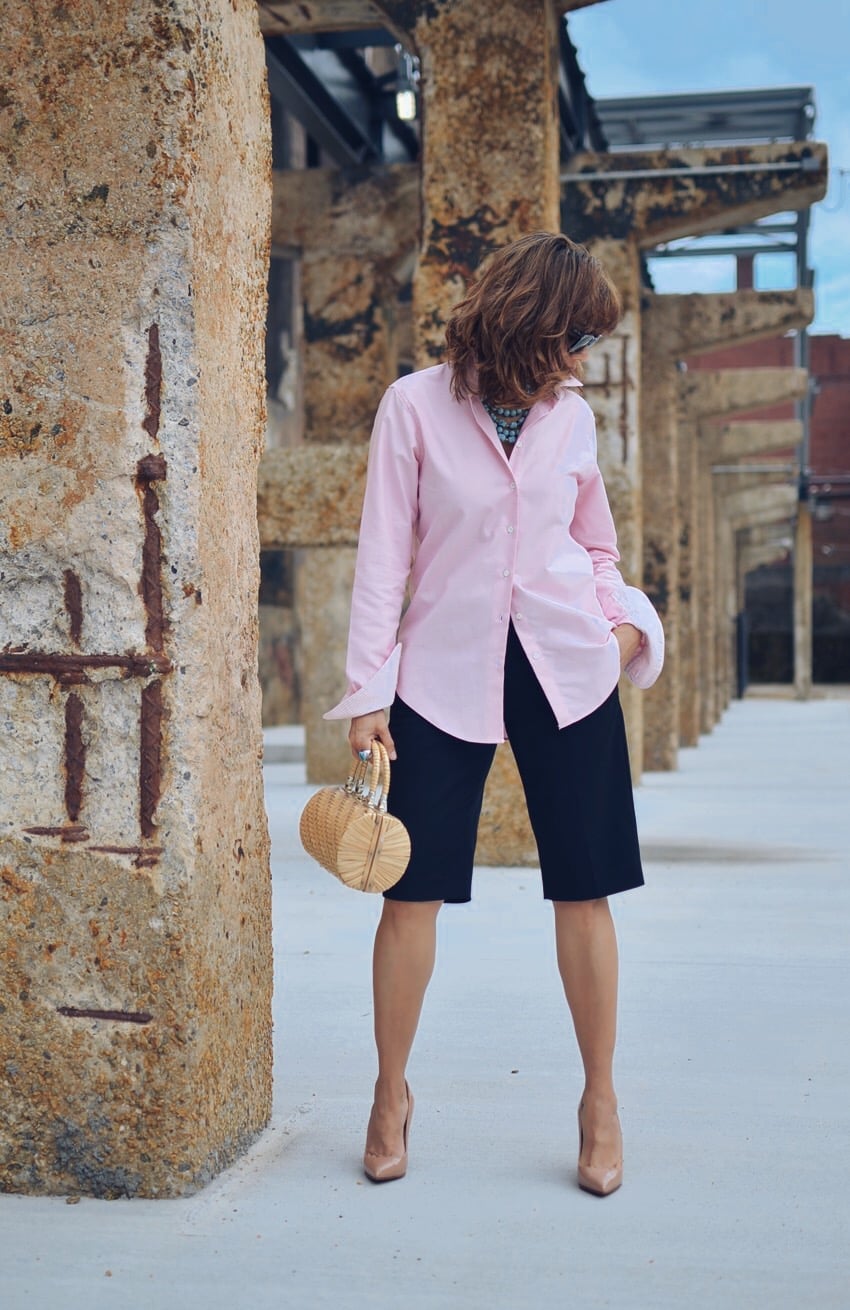 Pink Oversized Shirt with Tailored Shorts — Simple Button Down Outfits