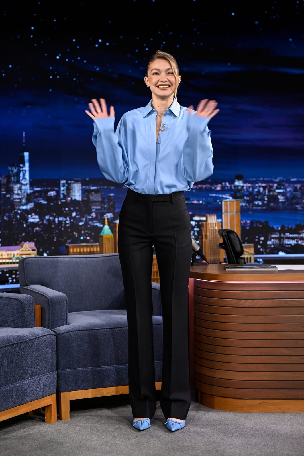 Oversized Blue Shirt with Black Wide-Leg Pants — Simple Button Down Outfits