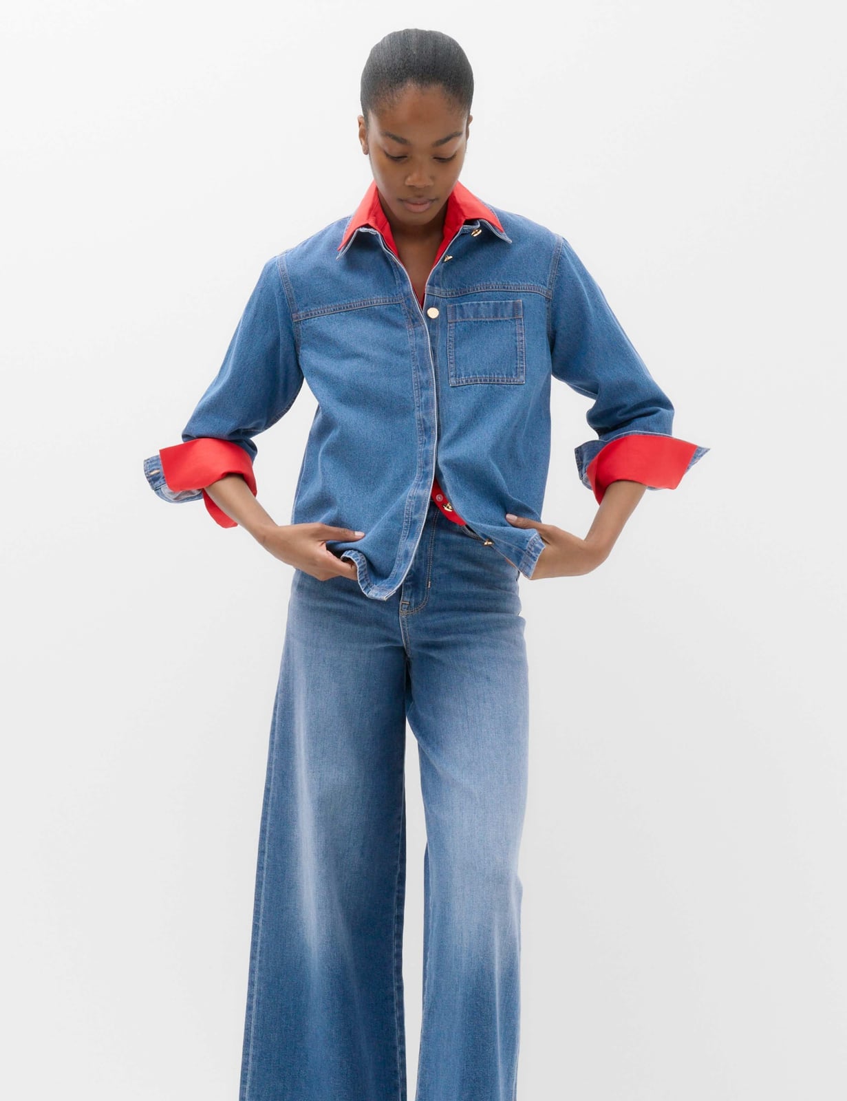 Denim Shirt with Red Collar Detail — Simple Button Down Outfits