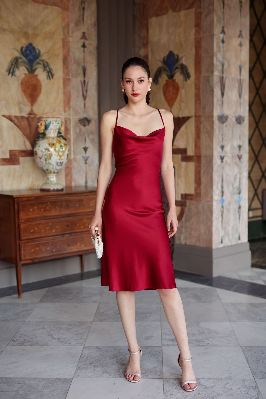 Deep Red Satin Slip Dress with Silver Heels Deep Red Satin Slip Dress with Silver Heels — Simple Casino Outfits