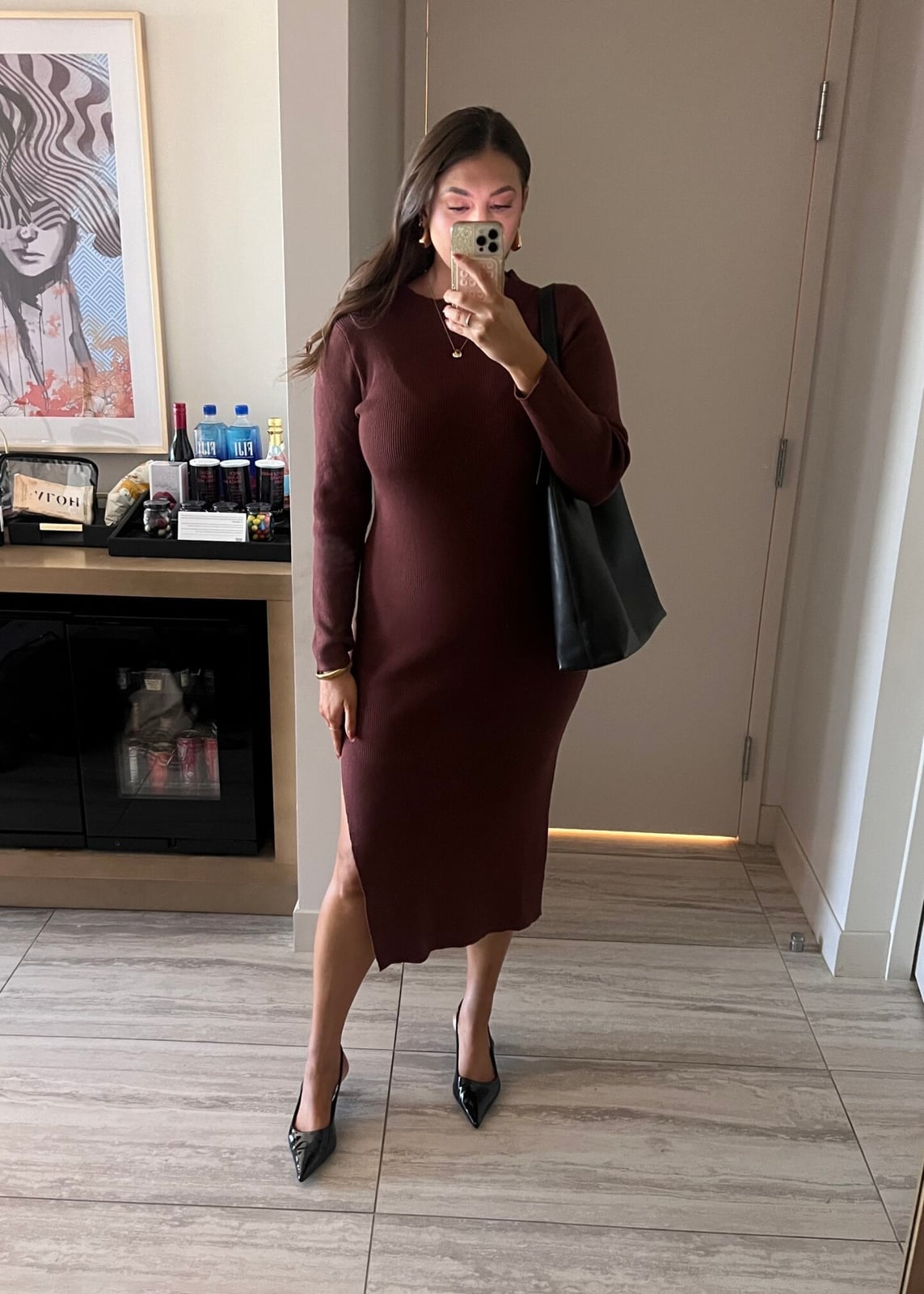 Dark Red Ribbed Knit Midi Dress with Side Slit Dark Red Ribbed Knit Midi Dress with Side Slit — Simple Casino Outfits