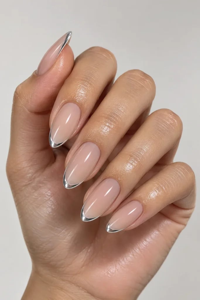Long Almond Sheer Nude Silver Outline French Long Almond Sheer Nude Silver Outline French — Simple Champagne Nails