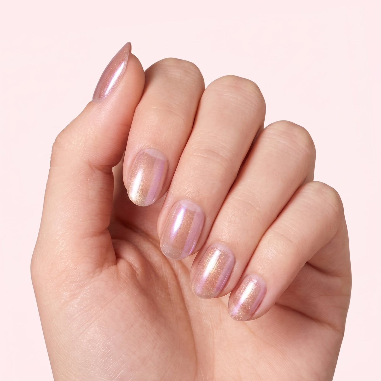 Medium Oval Milky Pink Iridescent Shimmer Medium Oval Milky Pink Iridescent Shimmer — Simple Champagne Nails