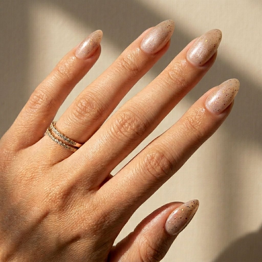 Medium Almond Sheer Beige With Gold Glitter Flakes Medium Almond Sheer Beige With Gold Glitter Flakes — Simple Champagne Nails