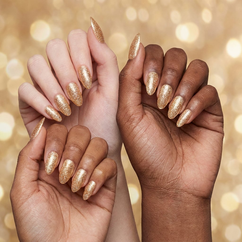 Medium Oval Golden Beige Glitter Polish Medium Oval Golden Beige Glitter Polish — Simple Champagne Nails