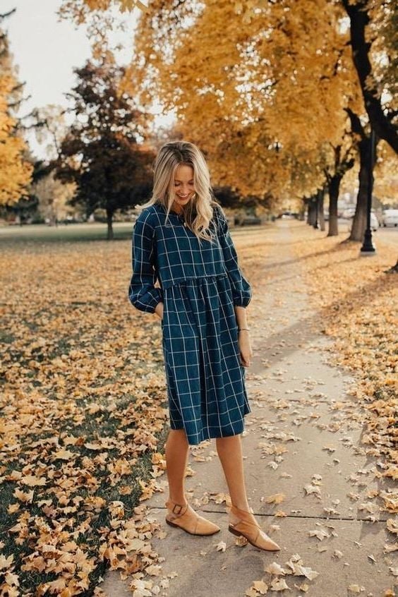 Blue Plaid Babydoll Dress With Tan Slingback Flats Blue Plaid Babydoll Dress With Tan Slingback Flats — Simple Church Dresses