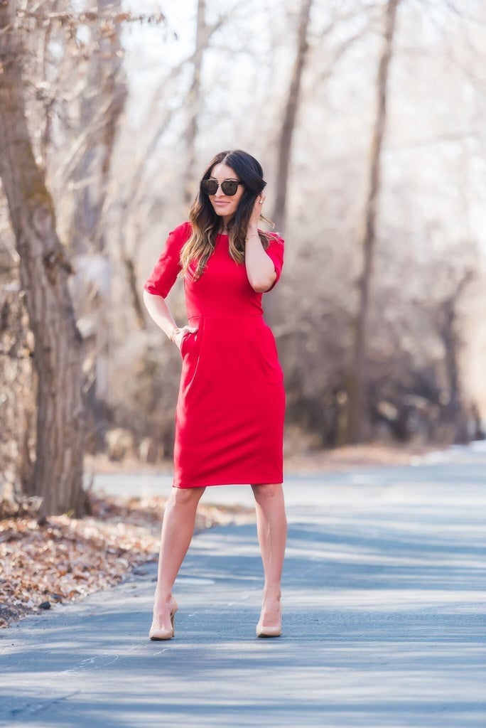 Bright Red Crepe Sheath Dress, Close-Up Take Bright Red Crepe Sheath Dress, Close-Up Take — Simple Church Dresses