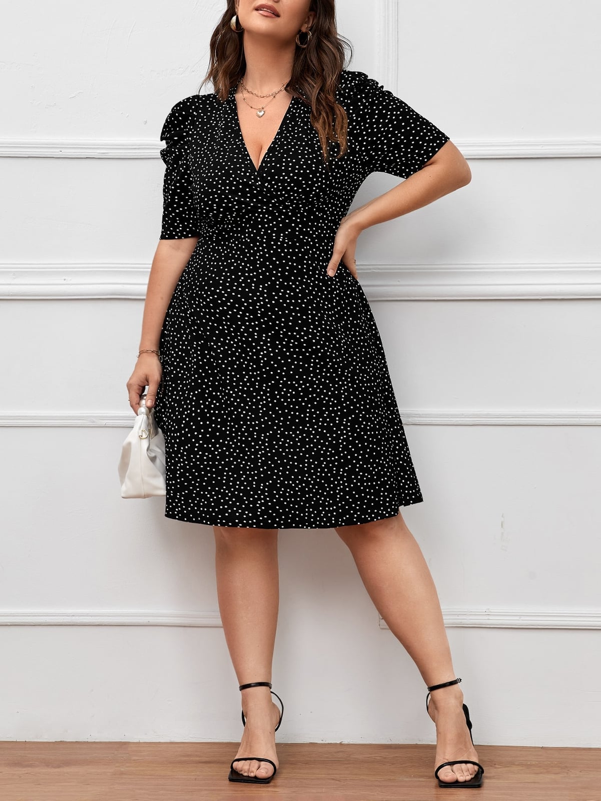 Brown Polka Dot Midi Dress with Puff Sleeves Brown Polka Dot Midi Dress with Puff Sleeves — Simple Church Dresses