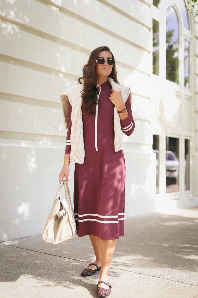Burgundy Midi Dress with White Stripes Burgundy Midi Dress with White Stripes — Simple Church Dresses