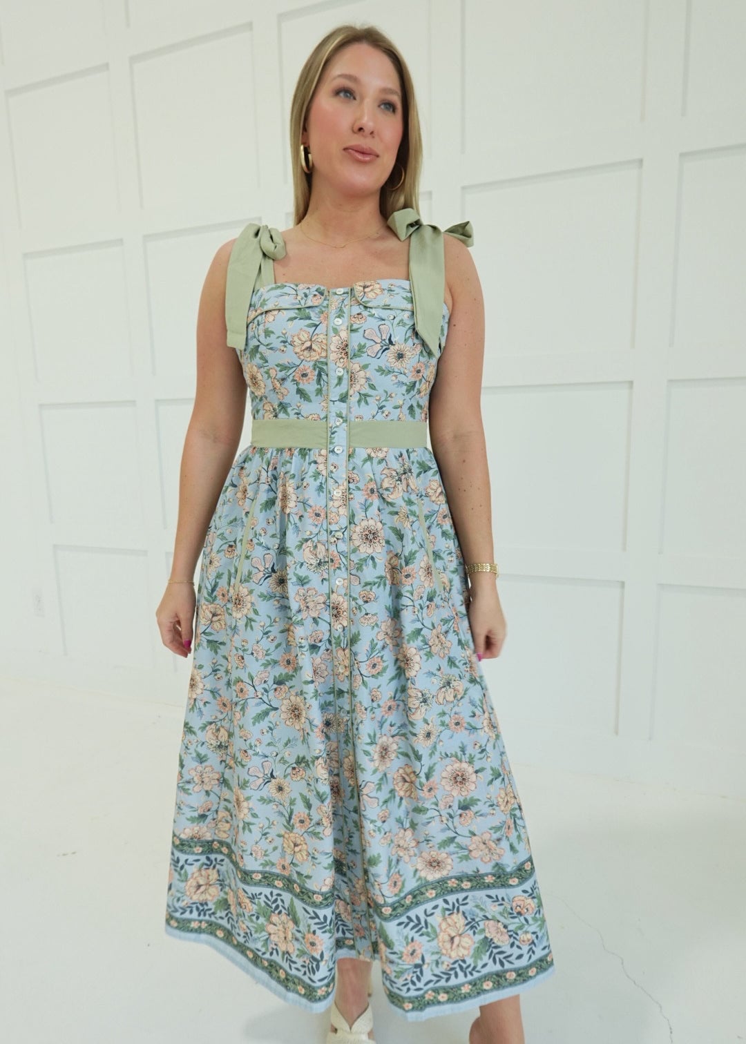 Blue Floral Print Midi Dress with Tie Straps Blue Floral Print Midi Dress with Tie Straps — Simple Church Dresses