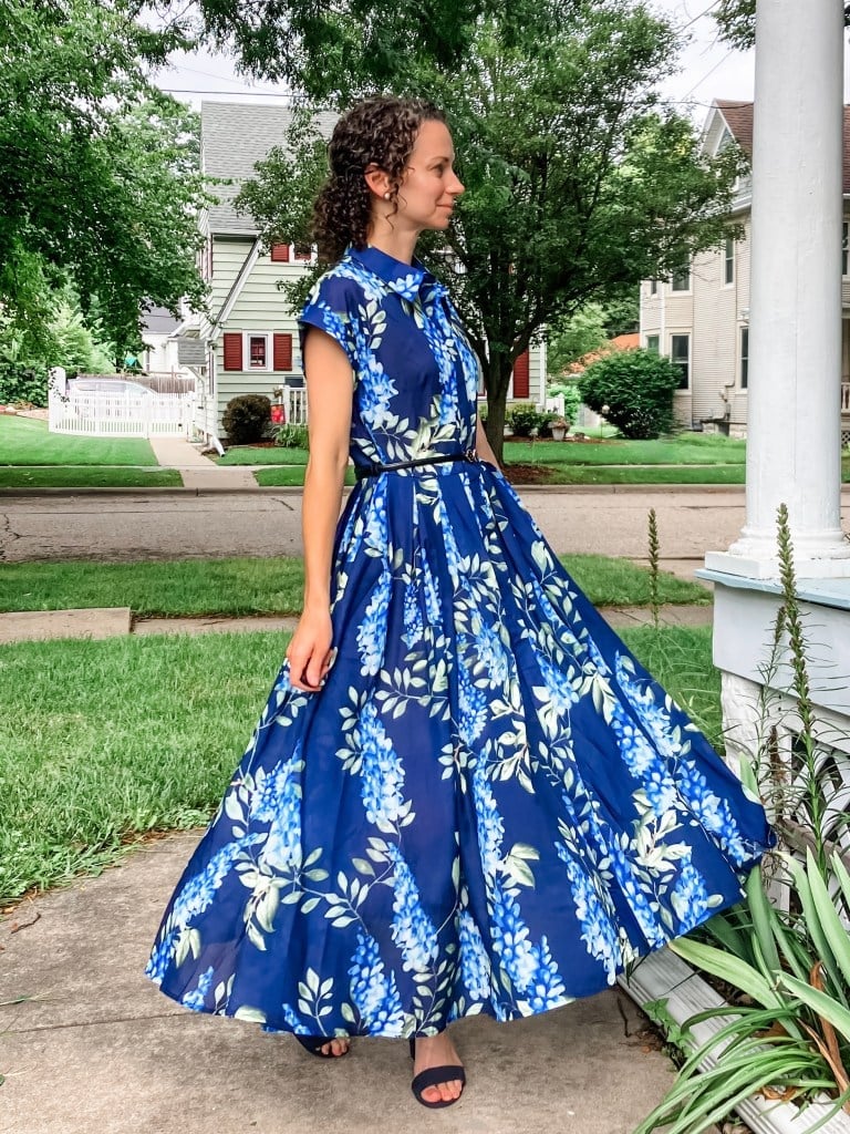 Blue Floral Collared Dress with Full Skirt Blue Floral Collared Dress with Full Skirt — Simple Church Dresses