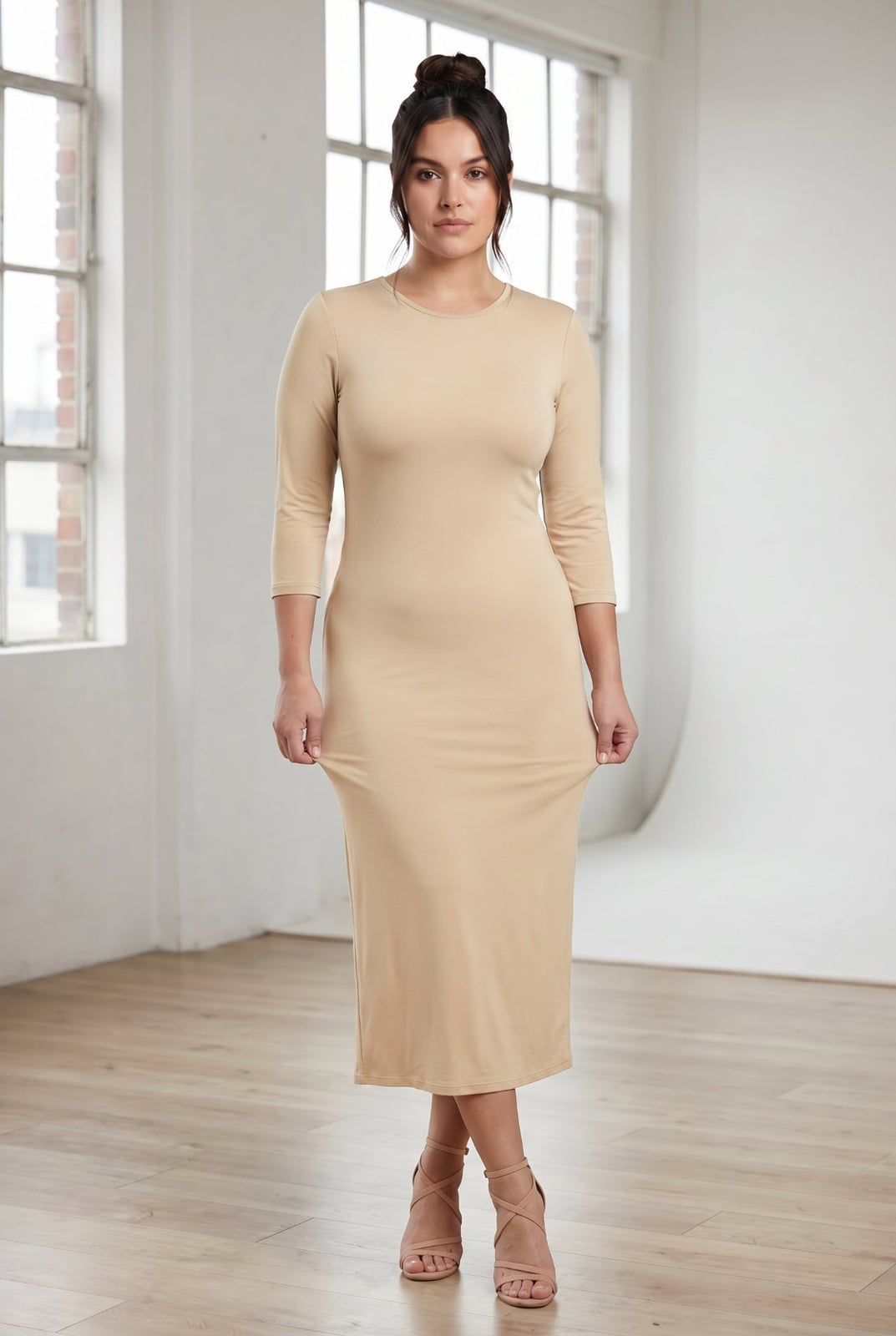 Beige Three-Quarter Sleeve Midi Dress Beige Three-Quarter Sleeve Midi Dress — Simple Church Dresses