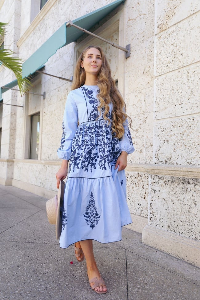 Light Blue Tiered Midi Dress with Embroidery Light Blue Tiered Midi Dress with Embroidery — Simple Church Dresses
