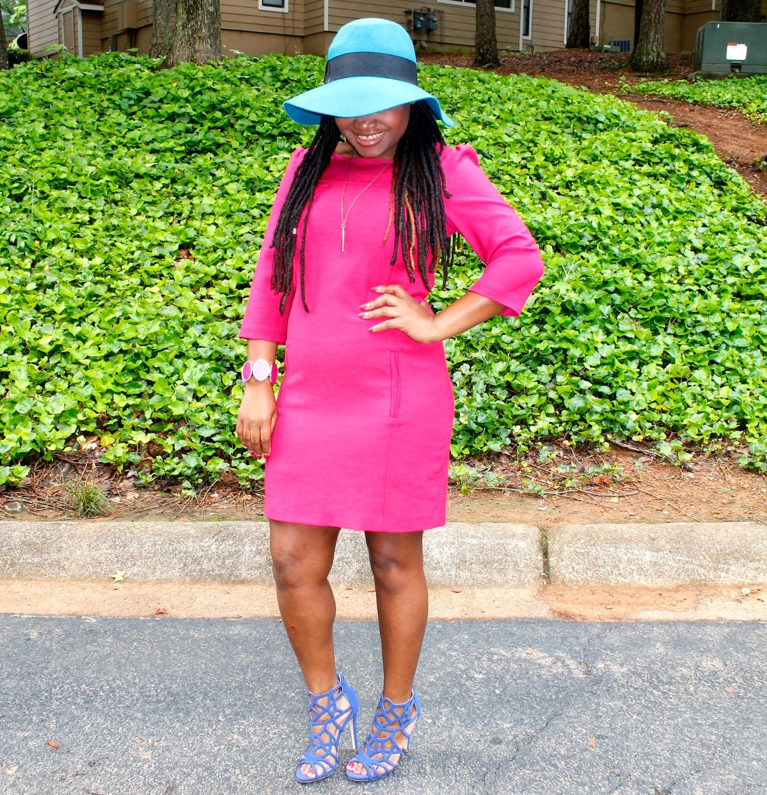 Hot Pink Three-Quarter Sleeve Shift Dress Hot Pink Three-Quarter Sleeve Shift Dress — Simple Church Dresses