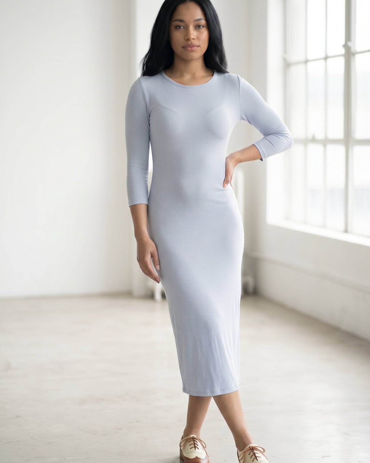 Light Blue Ribbed Knit Midi Dress Light Blue Ribbed Knit Midi Dress — Simple Church Dresses