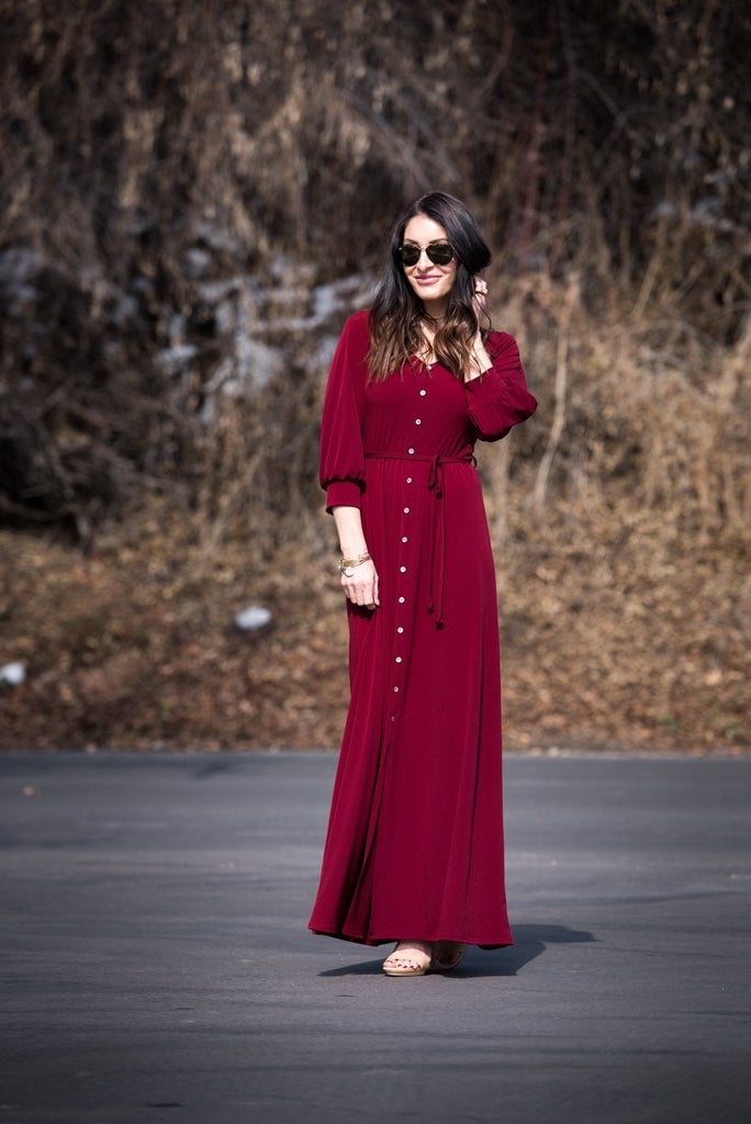 Deep Red Crepe Maxi Dress with Button Front Deep Red Crepe Maxi Dress with Button Front — Simple Church Dresses