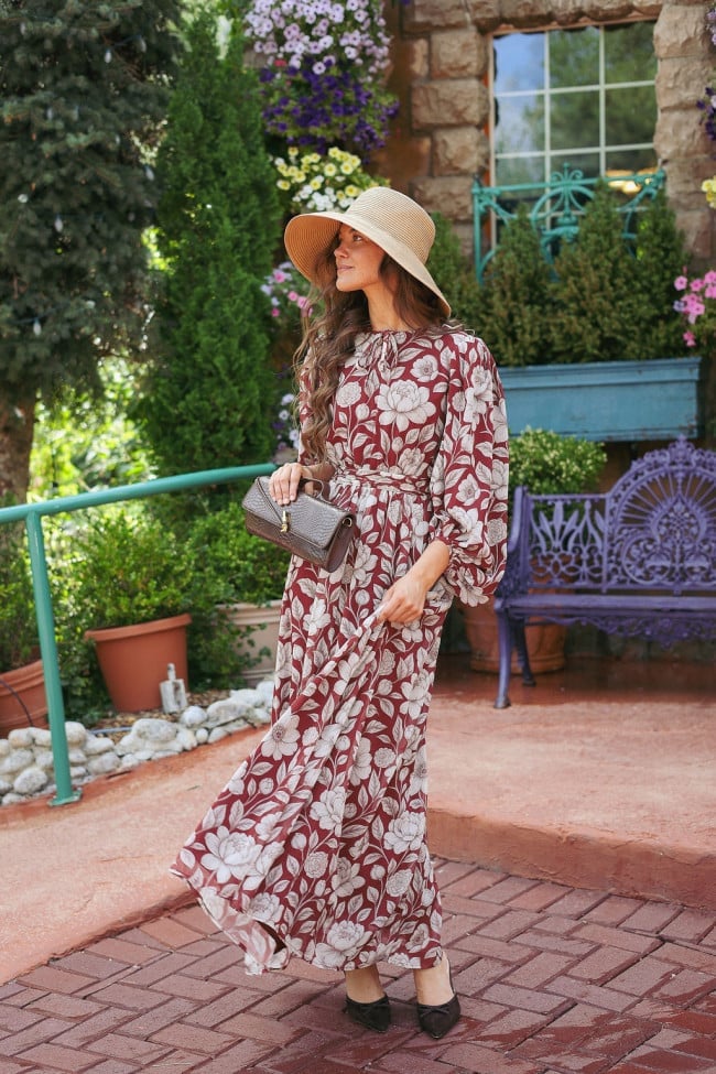 Red Floral Print A-Line Maxi Dress Red Floral Print A-Line Maxi Dress — Simple Church Dresses