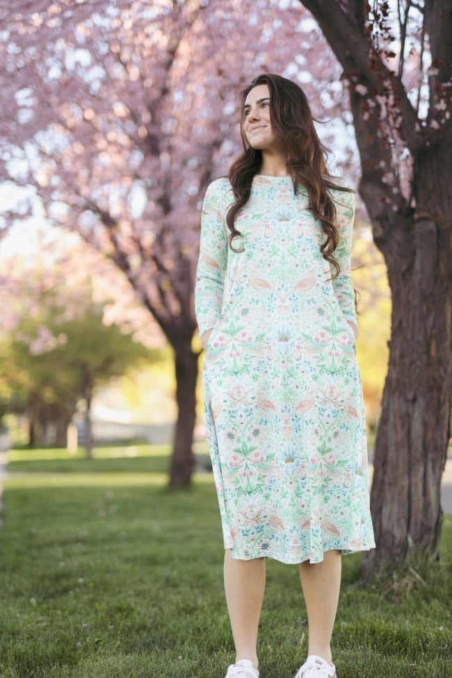 Mint Green Bird and Flower Print Midi Dress Mint Green Bird and Flower Print Midi Dress — Simple Church Dresses