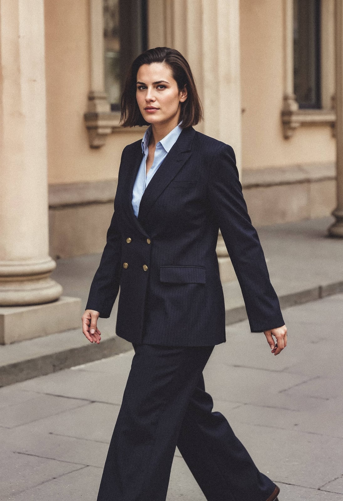 A Double-Breasted Pinstripe Suit Offers Sharp Business Formality A Double-Breasted Pinstripe Suit Offers Sharp Business Formality — Simple Corporate Outfits for Women