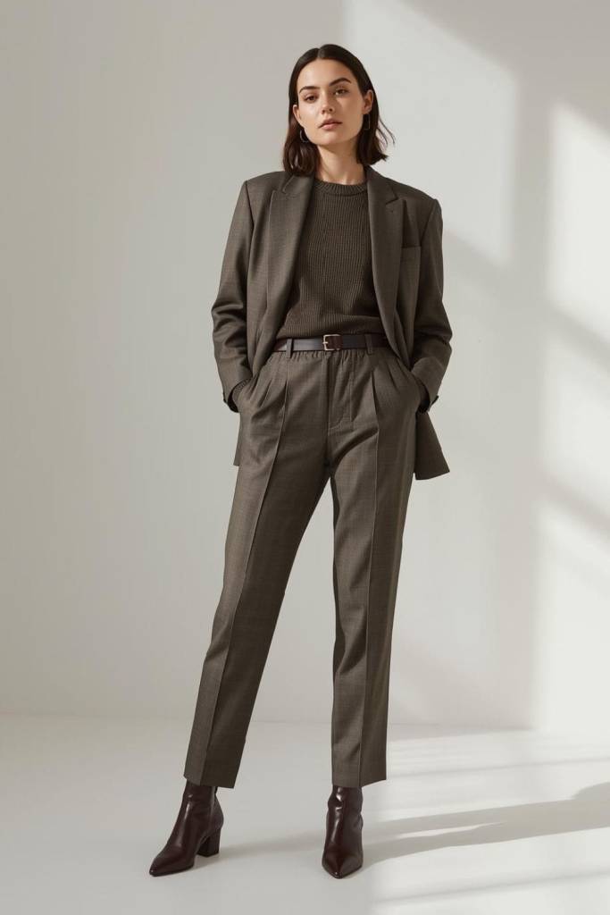 A Textured Brown Suit Offers a Warm Corporate Tone A Textured Brown Suit Offers a Warm Corporate Tone — Simple Corporate Outfits for Women