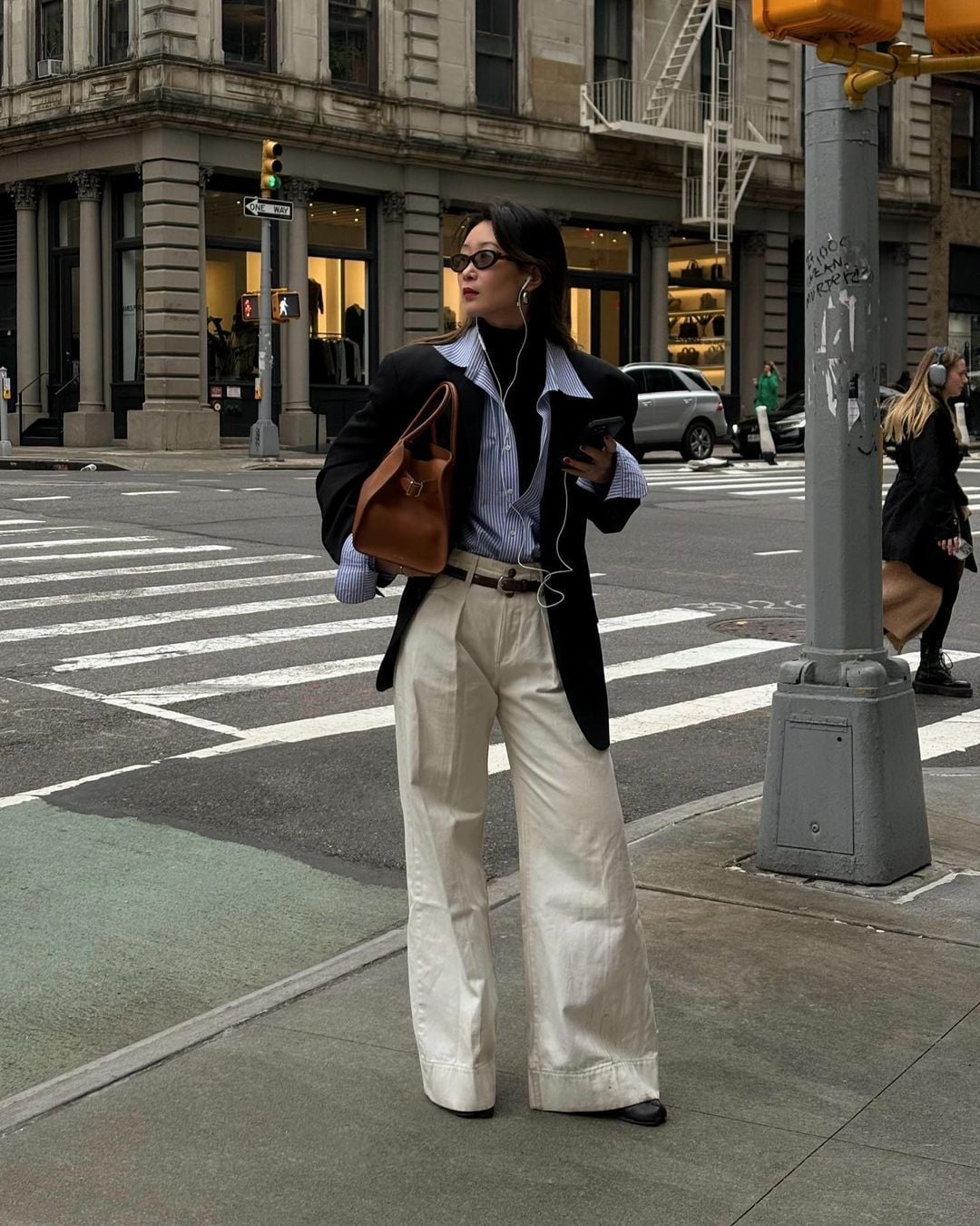 Black Blazer with Striped Shirt and Cream Trousers Black Blazer with Striped Shirt and Cream Trousers — Simple Court Outfits